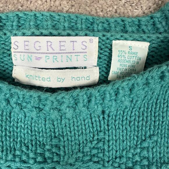 Vtg Teal Textured 3D Knit Sweater Size S Grandma Cottage Hand Knit Cotton Ramie - Picture 4 of 4